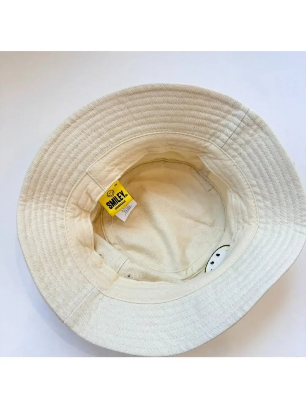 Smiley Face Embroidered Bucket Hat Cotton Beige
